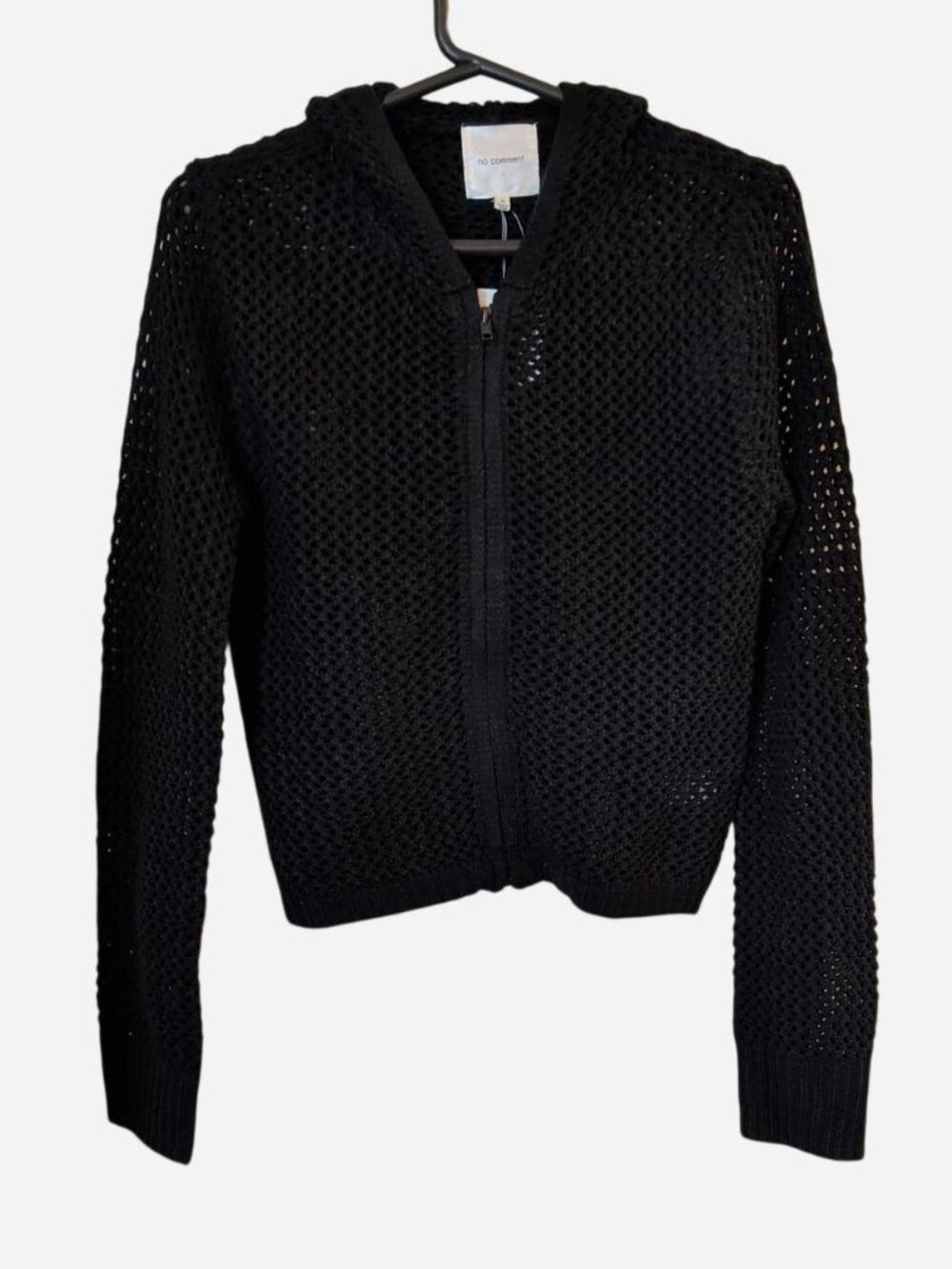 No Comment Black Open-Knit Hooded Zip Sweater | Size M | NWT